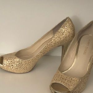 Sequin gold peep toe heels